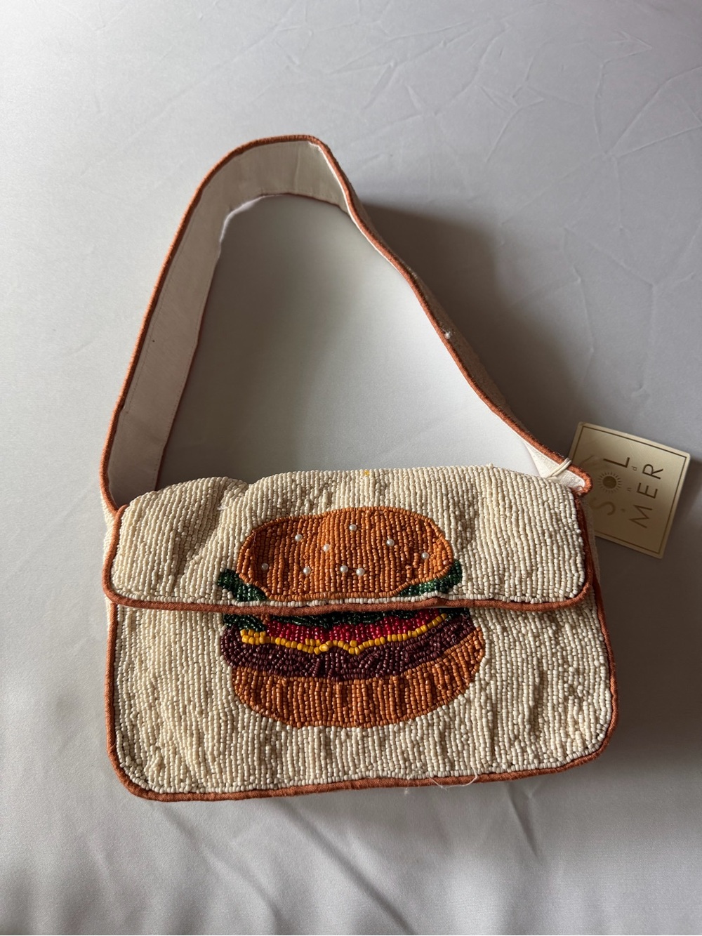 NWT Sol and Mer Cream Beaded Burger Shoulder Bag with Tan Trim